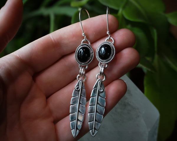Black Onyx Feather Earrings