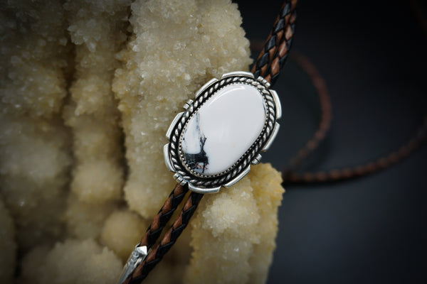 White Buffalo Turquoise Silver Bolo Tie