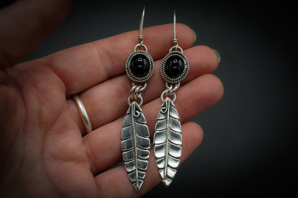 Black Onyx Feather Earrings