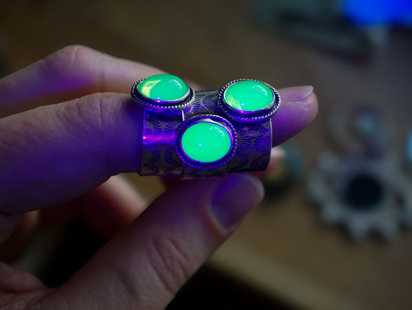 Uranium Glass Luna Wide Band Silver Ring