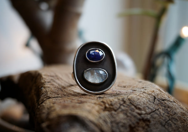 Trail Shield Talisman Ring| Moonstone + Kyanite|Size 6.5