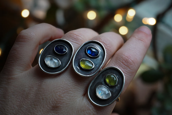 Trail Shield Talisman Ring| Moonstone + Kyanite|Size 5.75